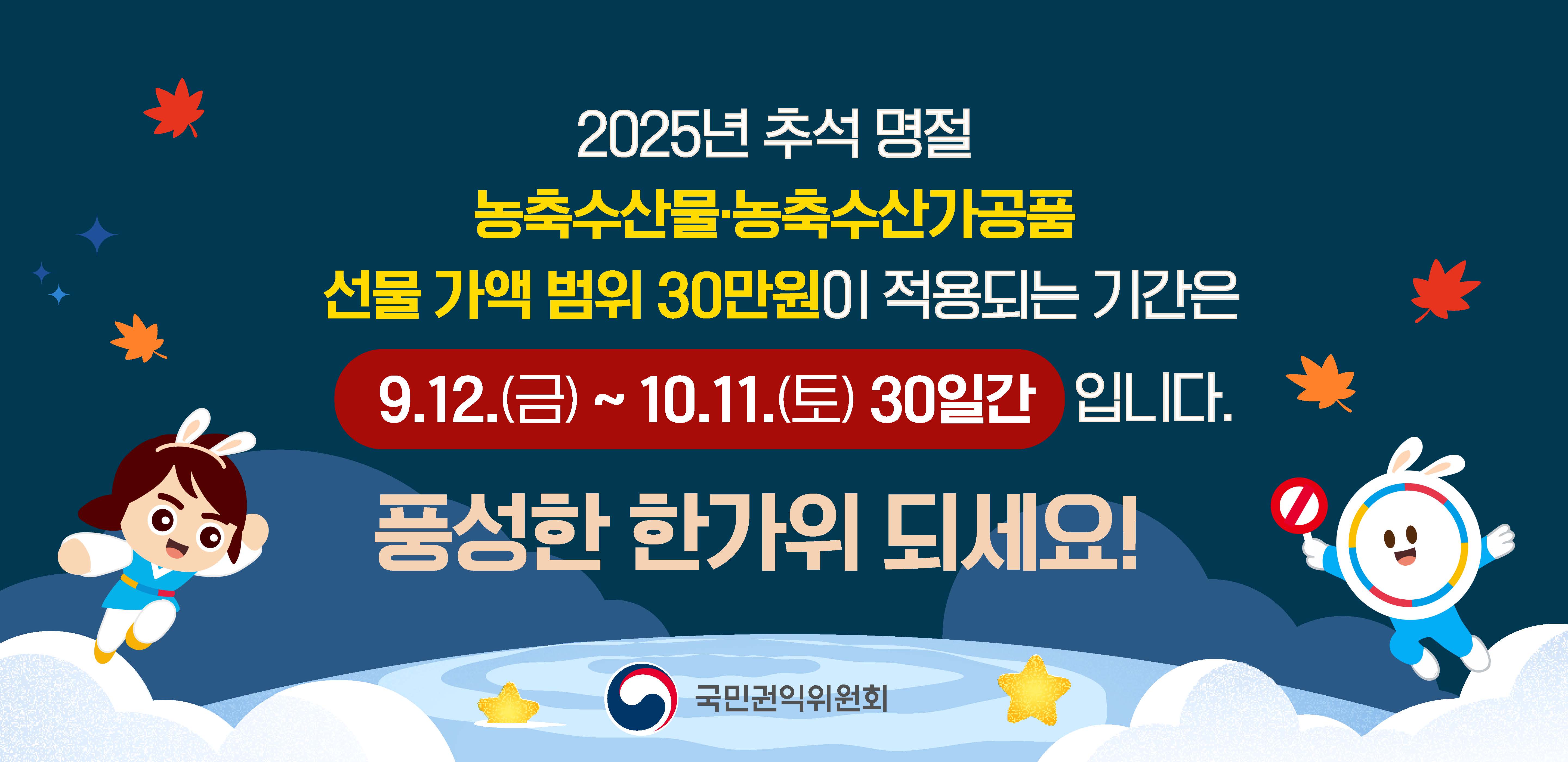 2025년 추석명절 농축수산물·농축수산가공품 선물 가액 범위 30만원이 적용되는 기간은 9월 12일 금요일부터 10월 11일 토요일 30일간 입니다. 풍성한 한가위 되세요! 국민권익위원회